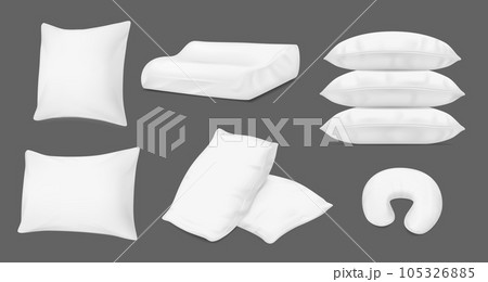 Pillows and bed cushions, vector realistic 3D white mockup templates. Inflatable travel cushion and orthopedic neck pillow, fluffy feather down pillows pile Pillows and bed cushions, vector realistic 3D white mockup templates. Inflatable travel cushion and orthopedic neck pillow, fluffy feather down pillows pile 105326885