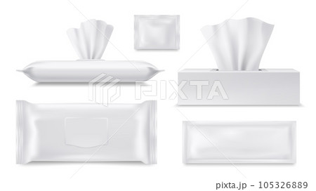 Wet wipes pouch and paper tissue or napkin box, vector realistic packages, blank 3D templates. Paper towel and antibacterial wet wipes disposable sachet, hygiene cosmetics and personal care objects Wet wipes pouch and paper tissue or napkin box, vector realistic packages, blank 3D templates. Paper towel and antibacterial wet wipes disposable sachet, hygiene cosmetics and personal care objects 105326889
