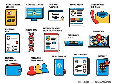 GDPR personal data protection and security, vector icons. GDPR General Data Protection Regulation on information database access, digital security, legal or financial personal data confidential policy GDPR personal data protection and security, vector icons. GDPR General Data Protection Regulation on information database access, digital security, legal or financial personal data confidential policy 105326890