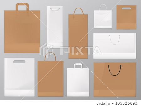 Paper bag vector mockups of blank white and brown shopping and gift packages. Realistic craft paper and cardboard bags with silk, cord and rope handles. Shop and supermarket packets, retail packaging 105326893