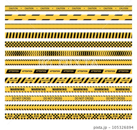 Caution tape vector design of yellow and black construction warning line, police, safety, danger and hazard barricade ribbons. Security zone marking stripes with Do not cross, Attention and Stop texts Caution tape vector design of yellow and black construction warning line, police, safety, danger and hazard barricade ribbons. Security zone marking stripes with Do not cross, Attention and Stop texts 105326894