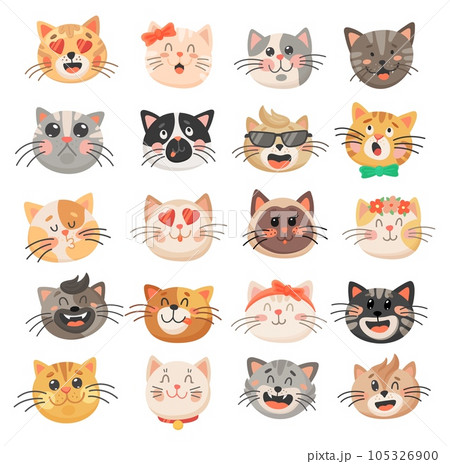 Cat heads with cute faces, vector kitten emoticons. Funny kitty pet animal cartoon characters with different emotions and facial expressions, happy, sad, crazy, girly and loving emoji Cat heads with cute faces, vector kitten emoticons. Funny kitty pet animal cartoon characters with different emotions and facial expressions, happy, sad, crazy, girly and loving emoji 105326900