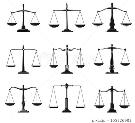 Scales of justice symbols of law balance vector design. Isolated icons of Lady Justice equal balance scales, weight measure instrument of law and order and legal protection themes Scales of justice symbols of law balance vector design. Isolated icons of Lady Justice equal balance scales, weight measure instrument of law and order and legal protection themes 105326902