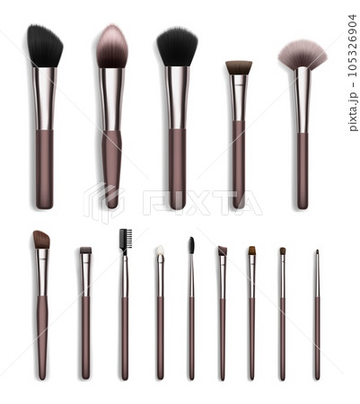 Cosmetic makeup brush realistic set of face and eye beauty tools vector design. Powder, eyeshadow and blush, bronzer, concealer and foundation brushes, brow and lash combs, fan, flat and angled liners Cosmetic makeup brush realistic set of face and eye beauty tools vector design. Powder, eyeshadow and blush, bronzer, concealer and foundation brushes, brow and lash combs, fan, flat and angled liners 105326904