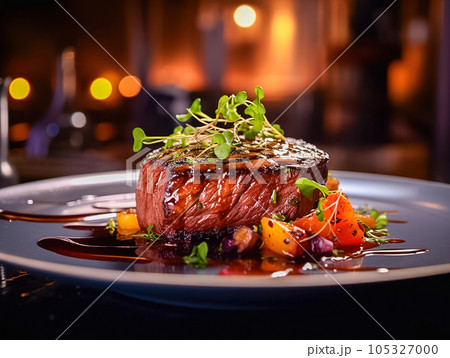 A piece of fried meat with lingonberry sauce on a plate in a restaurant. 105327000