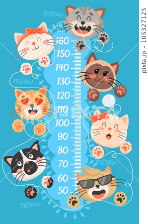 Cartoon kids height chart with funny cats and kittens. Vector growth measure wall meter, ruler scale with cute cat animals playing clues of thread, childish stadiometer with kitties and paws Cartoon kids height chart with funny cats and kittens. Vector growth measure wall meter, ruler scale with cute cat animals playing clues of thread, childish stadiometer with kitties and paws 105327125