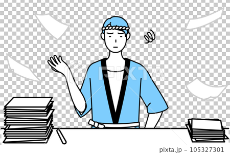 A man wearing a summer festival happi coat who is tired of untidy work A man wearing a summer festival happi coat who is tired of untidy work 105327301