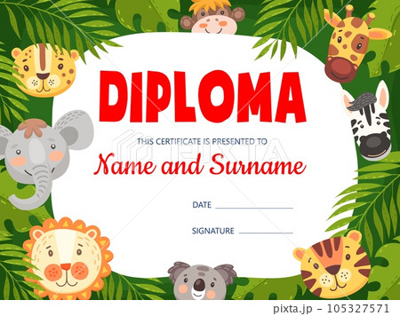 Kids diploma with cute cartoon animals. Vector certificate with funny elephant, leopard, giraffe and monkey, koala and lion in jungle. Education school or kindergarten graduation award frame template Kids diploma with cute cartoon animals. Vector certificate with funny elephant, leopard, giraffe and monkey, koala and lion in jungle. Education school or kindergarten graduation award frame template 105327571