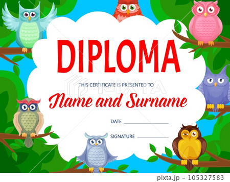 Education diploma with cartoon owls and funny owlets. Kids education achievement certificate, kindergarten diploma or graduation award template with cute owls birds sitting on tree branches Education diploma with cartoon owls and funny owlets. Kids education achievement certificate, kindergarten diploma or graduation award template with cute owls birds sitting on tree branches 105327583