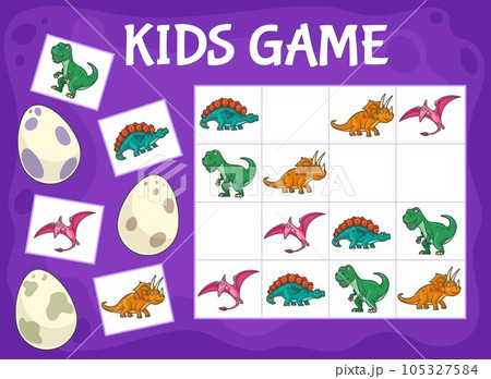 Sudoku kids game with cartoon dinosaurs. Logical game, educational puzzle or rebus, kids crossword worksheet with cute tyrannosaurus, triceratops and pterodactyl, stegosaurus, dinosaurs eggs 105327584