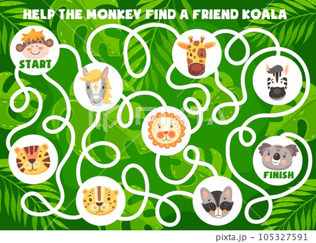Funny cartoon animals. Kids labyrinth maze game, find a friend logical game or riddle, puzzle with finding way task. Vector monkey, horse and giraffe, zebra, lion and tiger, cheetah, raccoon and koala Funny cartoon animals. Kids labyrinth maze game, find a friend logical game or riddle, puzzle with finding way task. Vector monkey, horse and giraffe, zebra, lion and tiger, cheetah, raccoon and koala 105327591