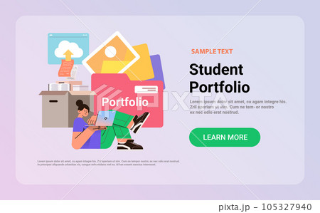 student girl working on laptop creating portfolio with different tools and docs online education concept 105327940