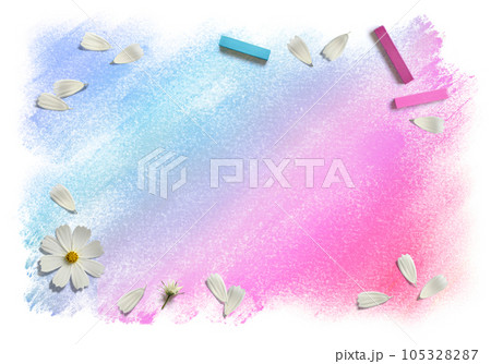 ソラ色とモモ色グラデーションの背景と、舞い散る白いコスモスの花びら 105328287