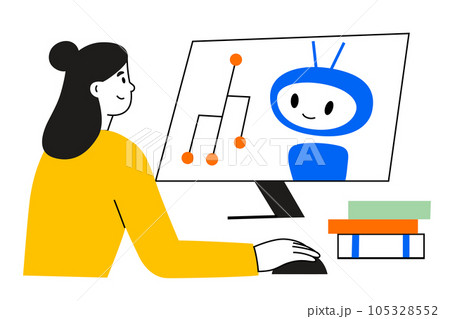 Machine learning online courses, female student studying artificial intelligence, communicating with robot on screen, AI training hand drawn composition, distant education concept, vector illustration Machine learning online courses, female student studying artificial intelligence, communicating with robot on screen, AI training hand drawn composition, distant education concept, vector illustration 105328552