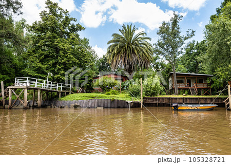 Boat tour on the Parana Delta, Tigre, Buenos Aires, Argentina. Palm trees, construction site of modern brick house. Boat tour on the Parana Delta, Tigre, Buenos Aires, Argentina. Palm trees, construction site of modern brick house. 105328721
