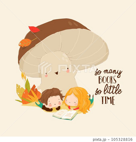 Cute Boy and Girl are relaxing and enjoying reading Books under Big Mushroom Cute Boy and Girl are relaxing and enjoying reading Books under Big Mushroom 105328816