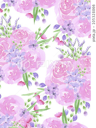 Hand drawn watercolor pink abstract roses and lavender card. Isolated on white background. Scrapbook, post card, banner, lable, poster. 105328866