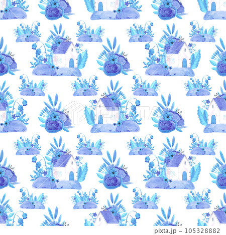 Hand drawn watercolor blue flowers and leaves with a house seamless pattern. Isolated on white. Can be used for textile, patterns, fabric, gift-wrapping. 105328882