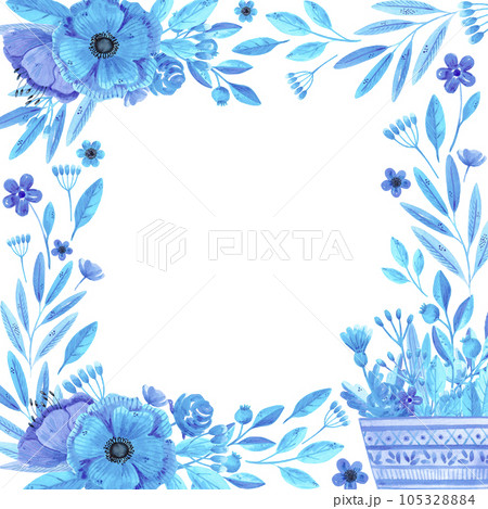 Hand drawn watercolor blue flowers and leaves in a busket boarder frame. Isolated on white. Can be used for cards, banners, album, label. 105328884