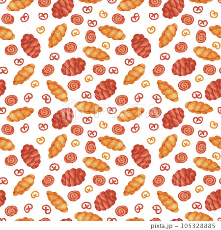 Hand drawn watercolor bread and buns seamless pattern. Isolated on white background. Can be used for Scrapbook, textile, gift-wrapping, banner and any printed products. Hand drawn watercolor bread and buns seamless pattern. Isolated on white background. Can be used for Scrapbook, textile, gift-wrapping, banner and any printed products. 105328885