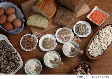 Ingredients for whole grain healthy bread, whole wheat flour Ingredients for whole grain healthy bread, whole wheat flour 105329239
