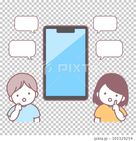 スマホの画面と考えている子どもたち 105329254