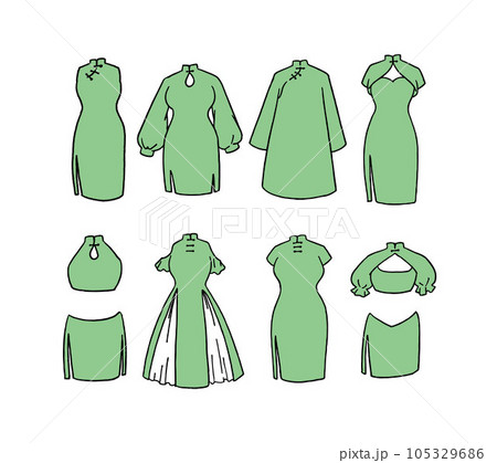 緑のチャイナドレスのイラストセット 105329686