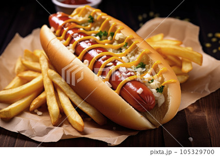 hot dog with mustard sauce and vegetables on wooden table hot dog with mustard sauce and vegetables on wooden table 105329700