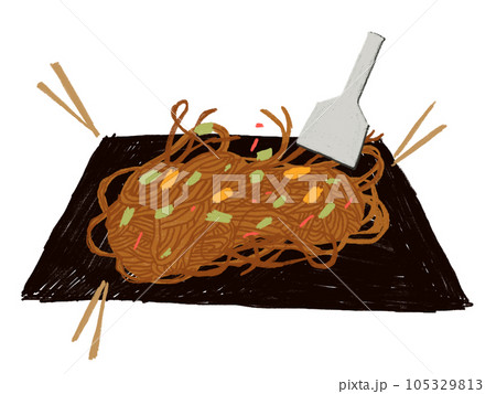 焼きそばを混ぜるイラスト素材 105329813