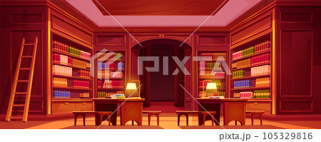 Bookshelf in library interior with table and chair 105329816