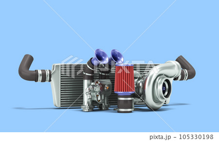 Set of custom spare car parts for tuning the internal components 3d render on blue background Set of custom spare car parts for tuning the internal components 3d render on blue background 105330198