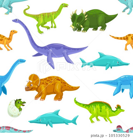 Cute aquatic and land dinosaurs cartoon personages seamless pattern. Fabric vector seamless print with Raptor, Centrosaurus, Triceratops and Lambeosaurus, Plesiosaurus, Elasmosaurus dino personage 105330529