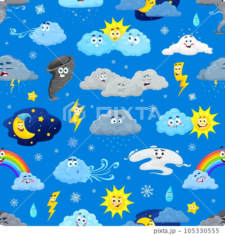 Cartoon weather characters seamless pattern. Wrapping paper print, wallpaper or textile vector seamless background. Fabric pattern with rain cloud, sun, lightning, rainbow and tornado wind whirlpool Cartoon weather characters seamless pattern. Wrapping paper print, wallpaper or textile vector seamless background. Fabric pattern with rain cloud, sun, lightning, rainbow and tornado wind whirlpool 105330555