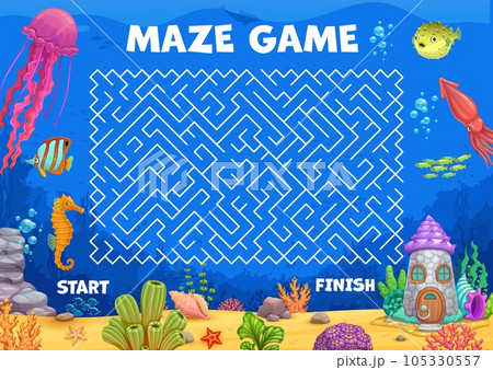 Labyrinth maze, help seahorse find house in sea landscape, vector puzzle game. Kids worksheet to find way for seahorse in undersea to ocean home dwelling in underwater labyrinth maze path 105330557