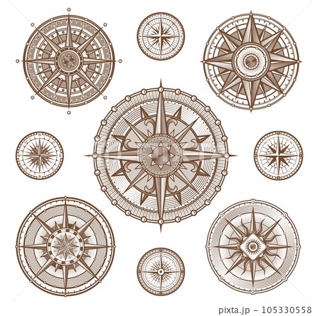 Vintage compass wind roses, Medieval nautical navigation signs, vector icons. Ship seafaring compass in woodcut lines with wind roses for maritime travel navigation and captain ship or boat direction 105330558