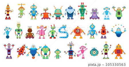 Cartoon robot droid characters, android cyborgs and robotic transformers, vector toys. Funny retro robots and mechanic droids and electronic bots with cute faces on wheels with display faces 105330563