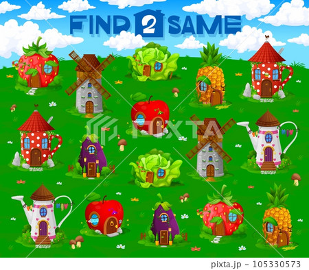 Find two same cartoon fairytale houses in kids game worksheet, vector puzzle quiz. Find and match same pictures of fairy village dwellings in teapot and mug, windmill or cabbage and pineapple Find two same cartoon fairytale houses in kids game worksheet, vector puzzle quiz. Find and match same pictures of fairy village dwellings in teapot and mug, windmill or cabbage and pineapple 105330573