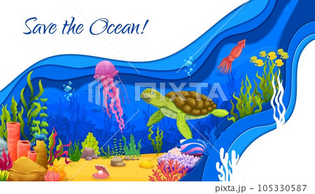 Cartoon turtle and jellyfish on underwater paper cut landscape. Tropical fish shoal and squid. Aquatic bottom, underwater deep life paper cut vector banner with fish shoal, coral, squid and seaweeds 105330587