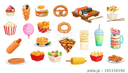 Cartoon fast food snacks, desserts, sandwiches, drinks and pastry, vector icons. Hot dog, pancake crepe and sushi, milkshake and popcorn with bubble waffles, chicken and corn grill for fast food menu 105330590