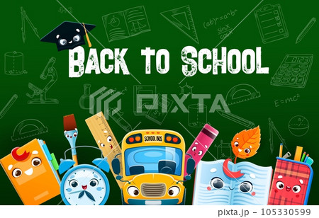 Back to school poster with cheerful education supply characters. Vector notebook, paint brush, alarm clock and ruler. Yellow bus, highlighter, textbook and pencil case with autumn leaves personages 105330599