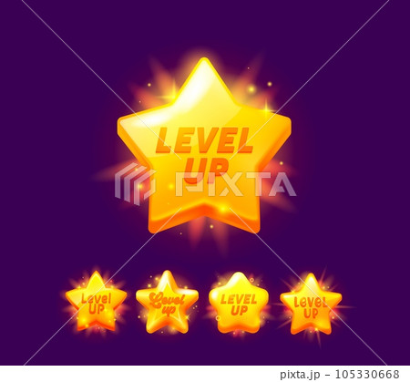 Game level up reward, star rate icon or award badge, vector gold prize UI asset. Level up award or bonus rank star and medal trophy reward with golden shine, arcade video game next level bonus 105330668