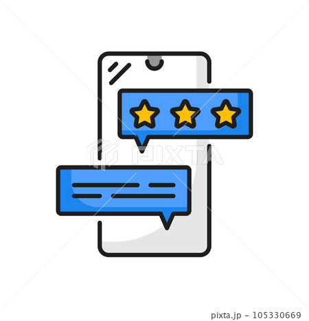 Quality rating star bubbles on mobile phone icon, customer review and feedback. Vector online chat speech bubbles with user experience or customer satisfaction rank stars of good or bad quality level 105330669