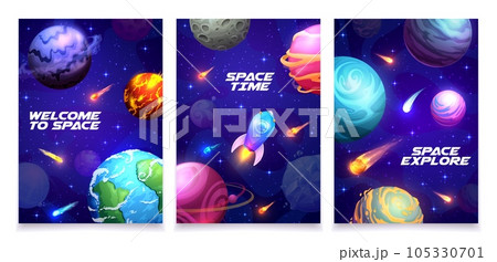 Cartoon space poster with galaxy spaceship, planets and stars, vector background. Space exploration rocket shuttle or spaceship in spaceflight to galaxy universe and alien planets in fantasy cosmos 105330701