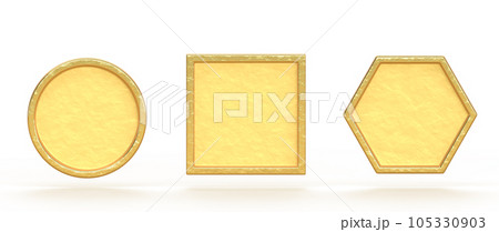 Gold plates, empty golden name plaques, 3d render icons set. Metal tags or badges, round, square and hexagon frames, game ui menu or app graphic elements isolated on white background. 3D illustration 105330903