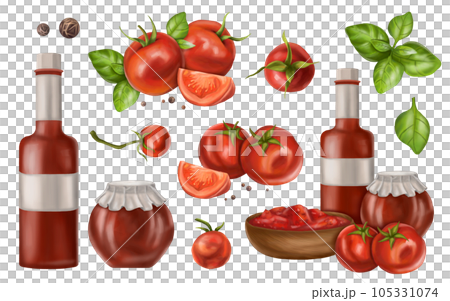 Vegetable set of ripe red tomatoes, basil leaves, pepper, glass bottles with red sauce. Farmer's harvest from the garden of organic plants. Fresh food for healthy diet. Digital isolated illustration. 105331074