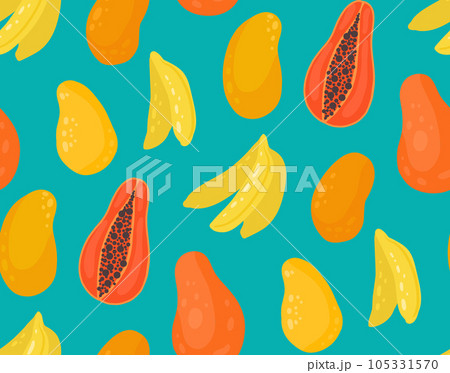Simple vector seamless pattern with tropical fruits. Texture with mango, papaya and bananas on a turquoise background. Surface design 105331570