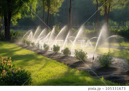 Green lawn automatic irrigation system. Watering lawn at summer. Generative AI. 105331673