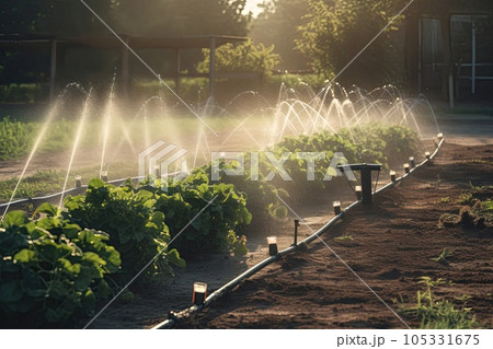 Green lawn automatic irrigation system in garden. Watering lawn at heat summer. Generative AI. Green lawn automatic irrigation system in garden. Watering lawn at heat summer. Generative AI. 105331675