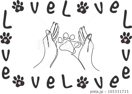 The inscription love and the paw print of the animal . Love concept. Vector illustration isolated on white background. Vector illustration 105331715
