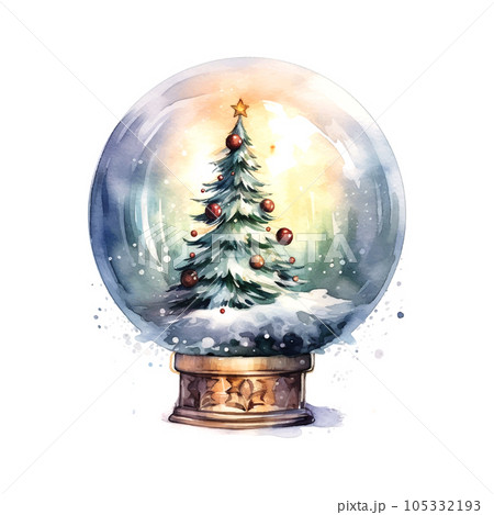 Beautiful cartoon illustration with christmas tree magic ball watercolor. Xmas celebration concept. 105332193